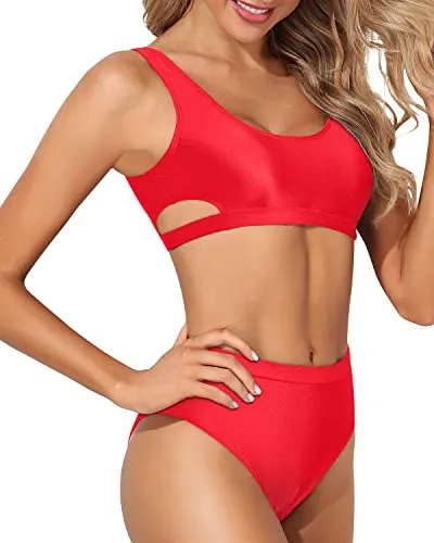 High Leg Two Piece Bikini Sets For Women High Waisted Sport Swimsuit-Neon Red
