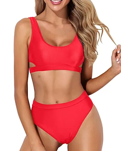 High Leg Two Piece Bikini Sets For Women High Waisted Sport Swimsuit-Neon Red