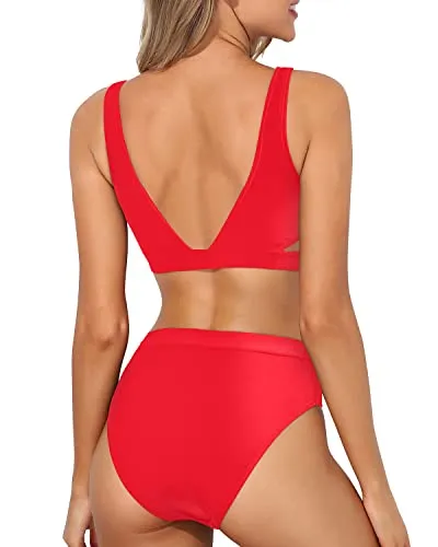 High Leg Two Piece Bikini Sets For Women High Waisted Sport Swimsuit-Neon Red