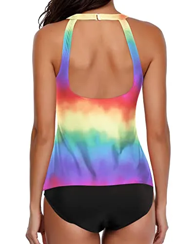 High Neck Halter Long Torso Tankini Bathing Suits-Color Tie Dye