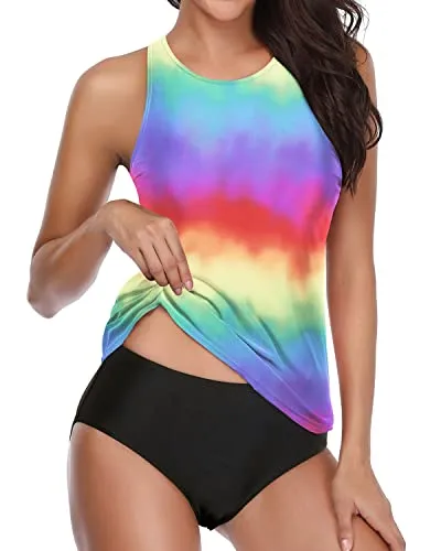 High Neck Halter Long Torso Tankini Bathing Suits-Color Tie Dye