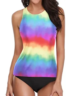 High Neck Halter Long Torso Tankini Bathing Suits-Color Tie Dye
