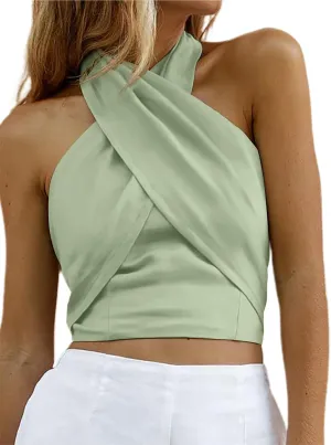 HYPERFIRE Women's Sexy Criss Cross Halter Sleeveless Wrap Front Backless Cami Crop Top Clubbing