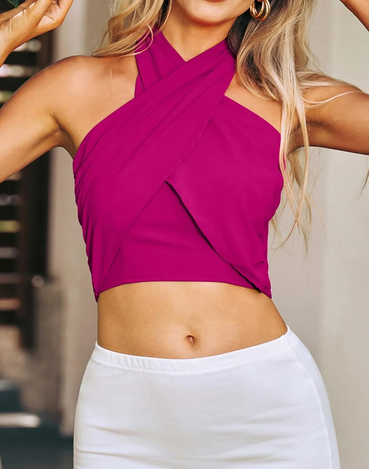 HYPERFIRE Women's Sexy Criss Cross Halter Sleeveless Wrap Front Backless Cami Crop Top Clubbing