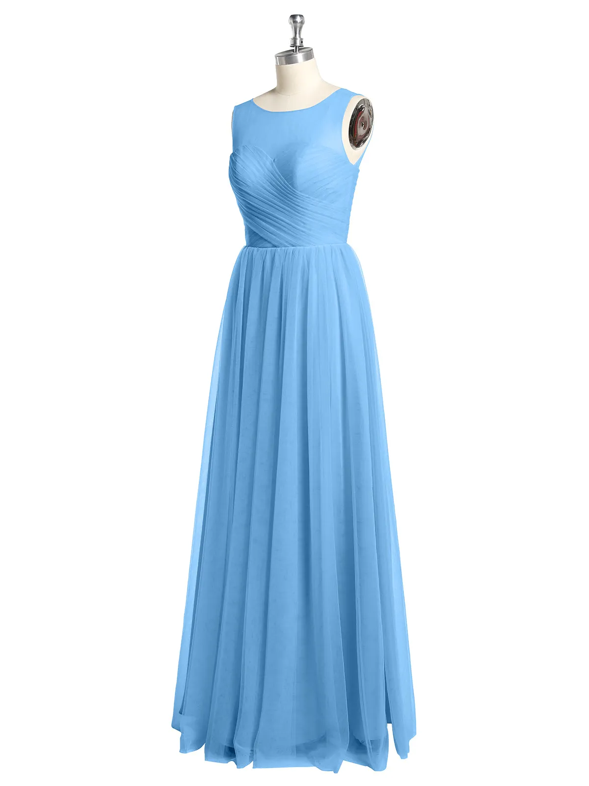 Illusion Neck Cross Tulle Bridesmaid Dresses-Blue Plus Size