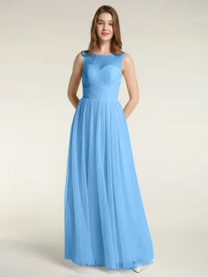 Illusion Neck Cross Tulle Bridesmaid Dresses-Blue Plus Size