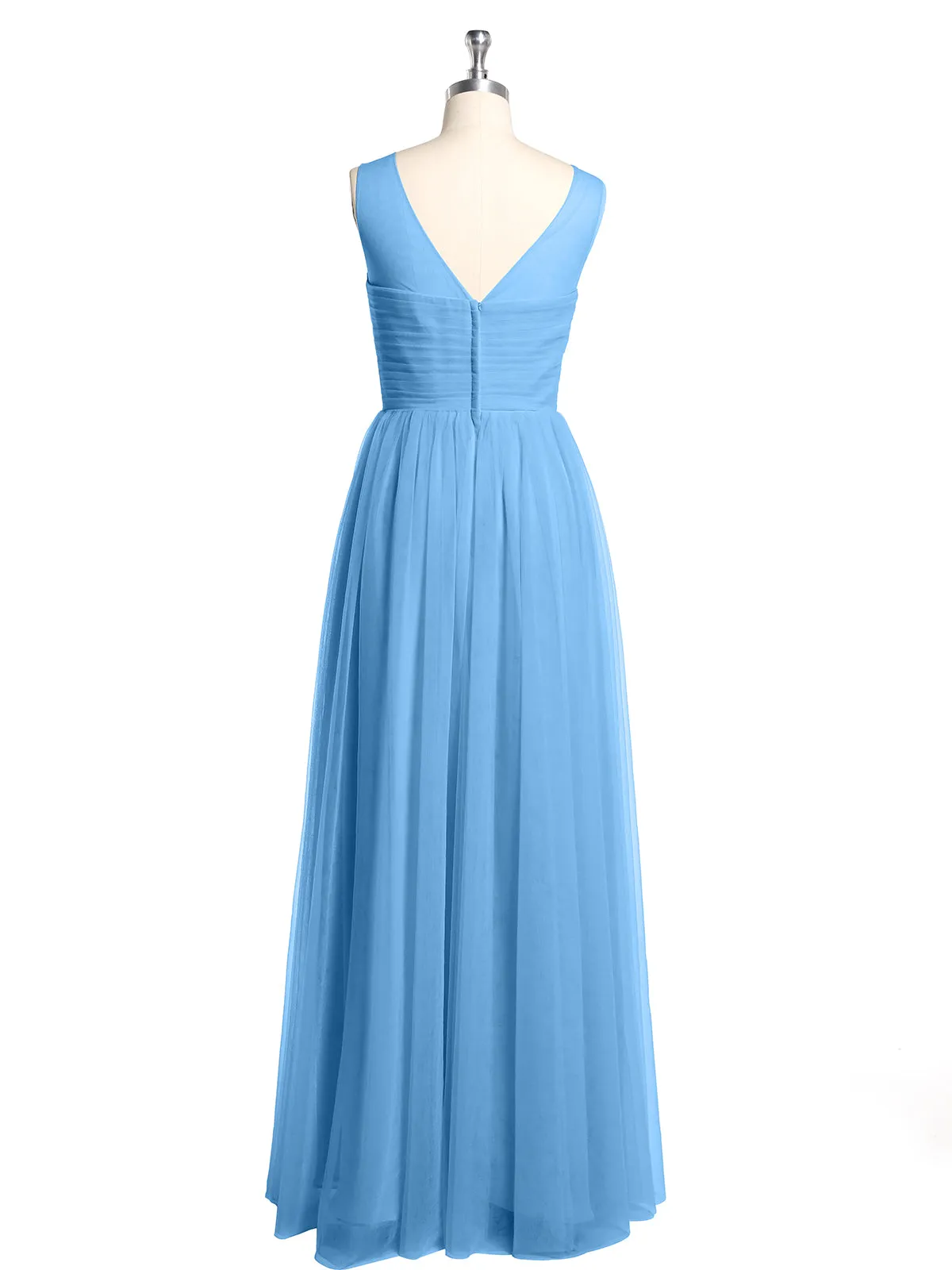 Illusion Neck Cross Tulle Bridesmaid Dresses-Blue Plus Size