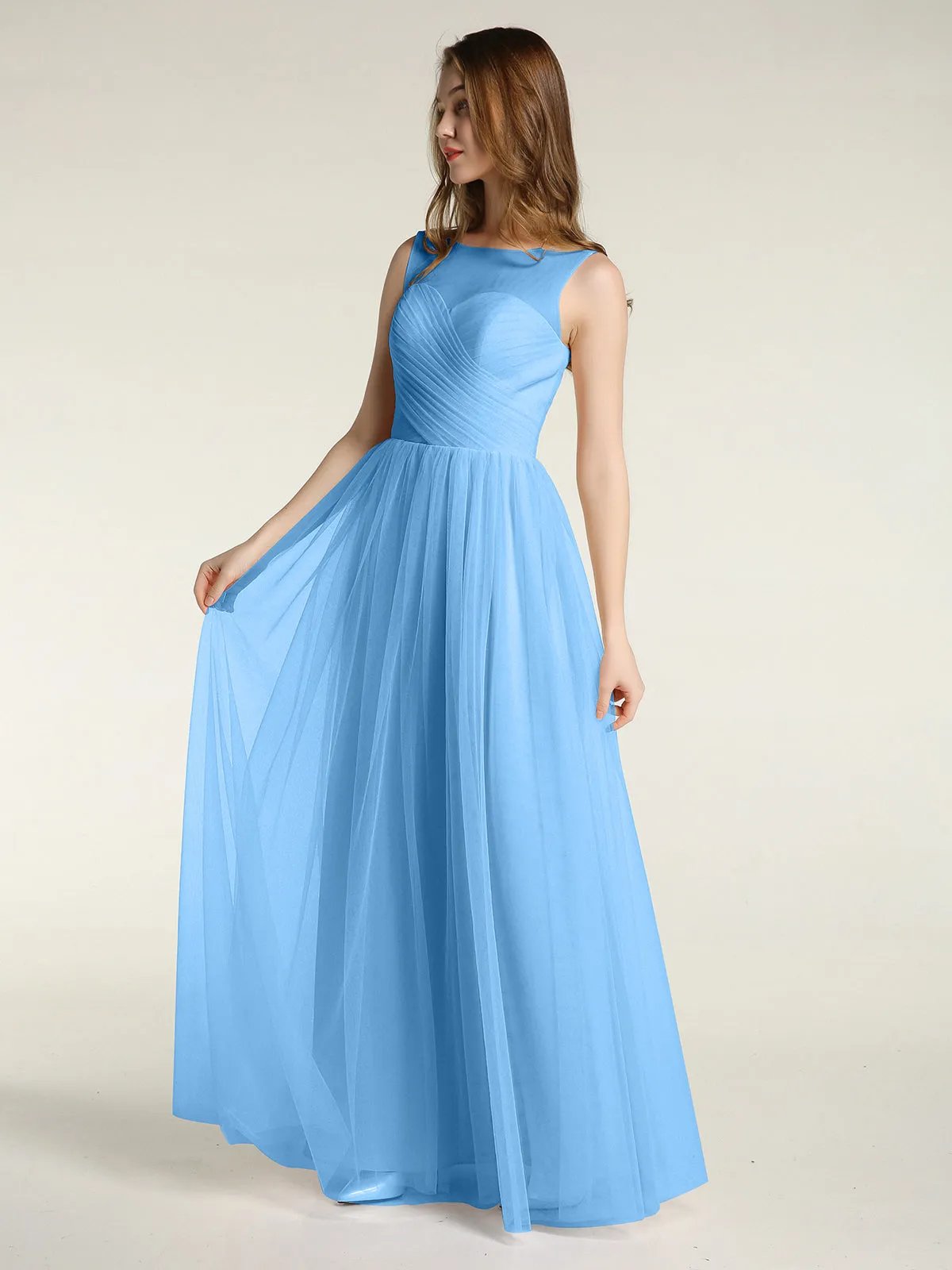 Illusion Neck Cross Tulle Bridesmaid Dresses-Blue Plus Size