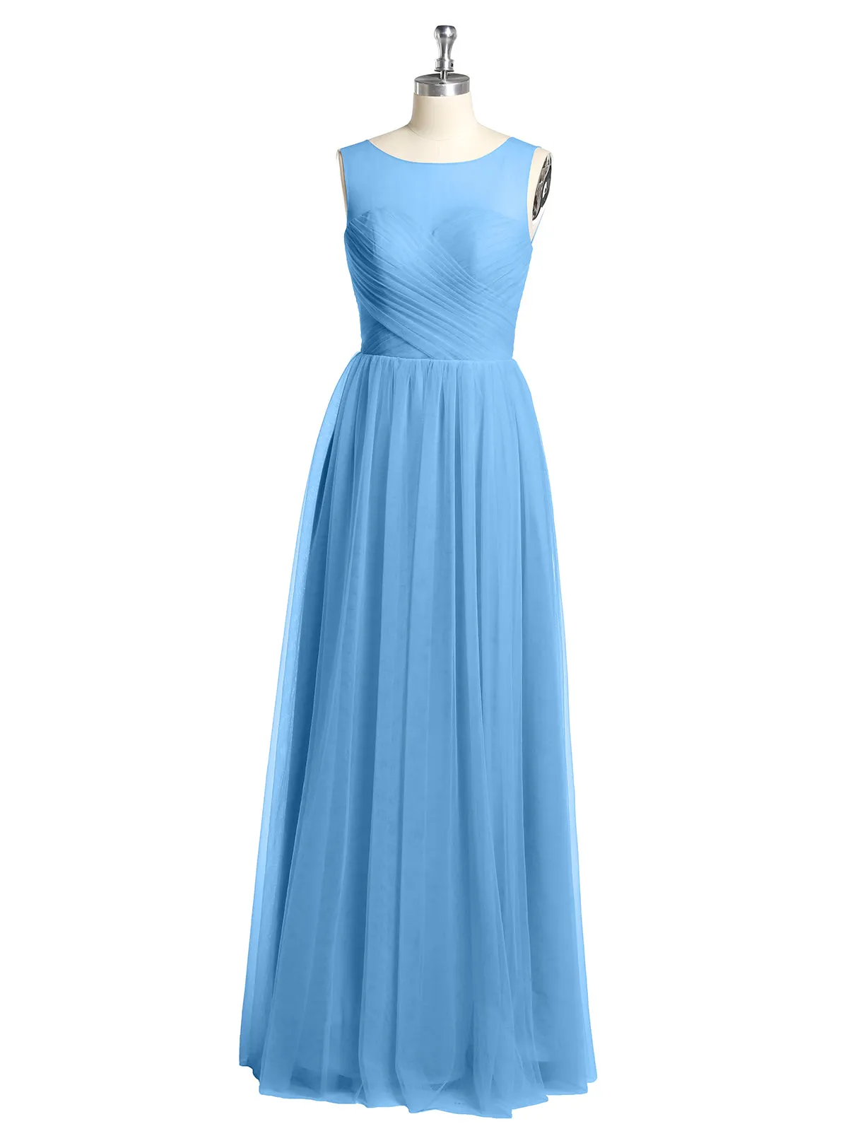 Illusion Neck Cross Tulle Bridesmaid Dresses-Blue Plus Size