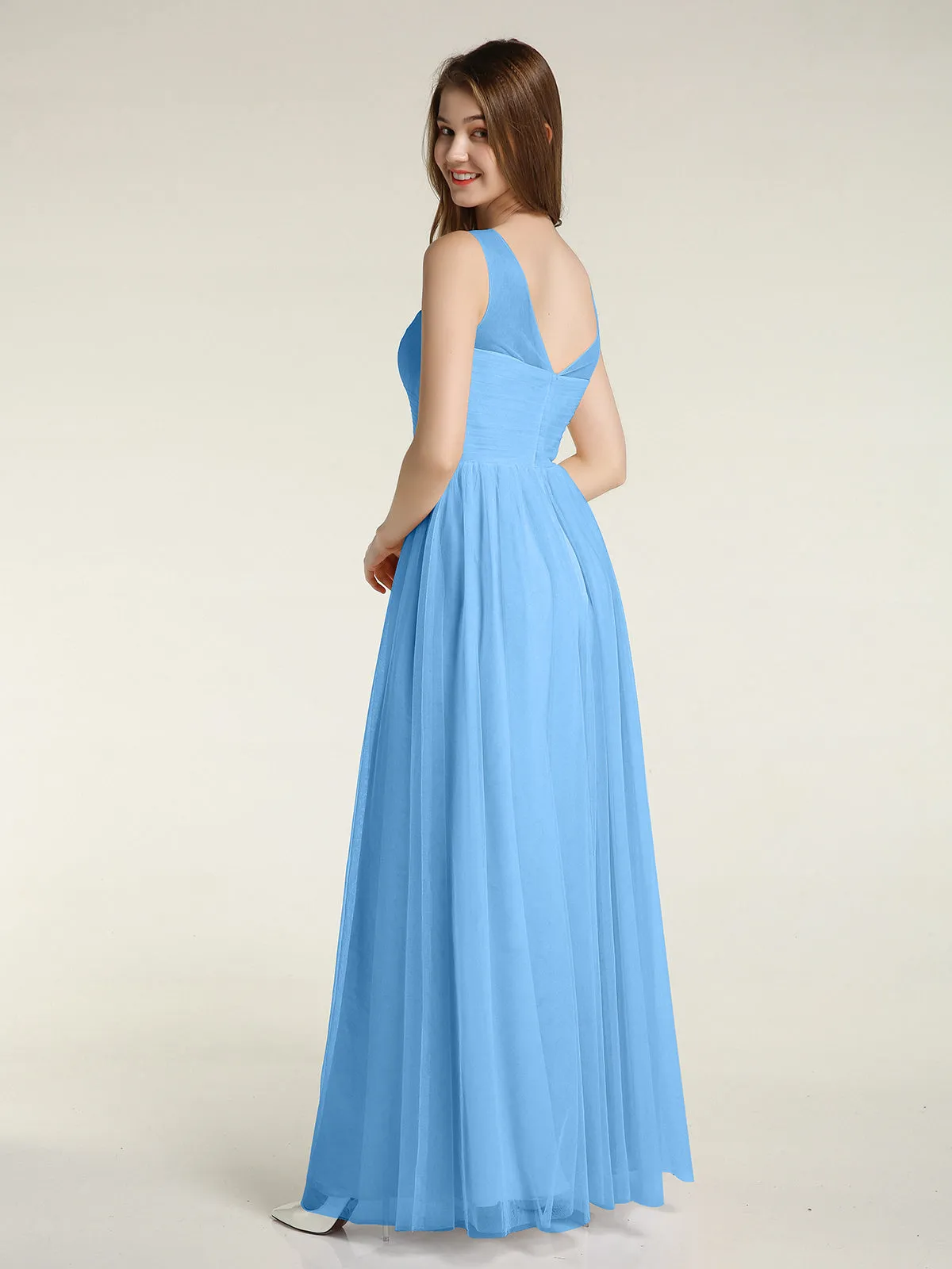 Illusion Neck Cross Tulle Bridesmaid Dresses-Blue Plus Size