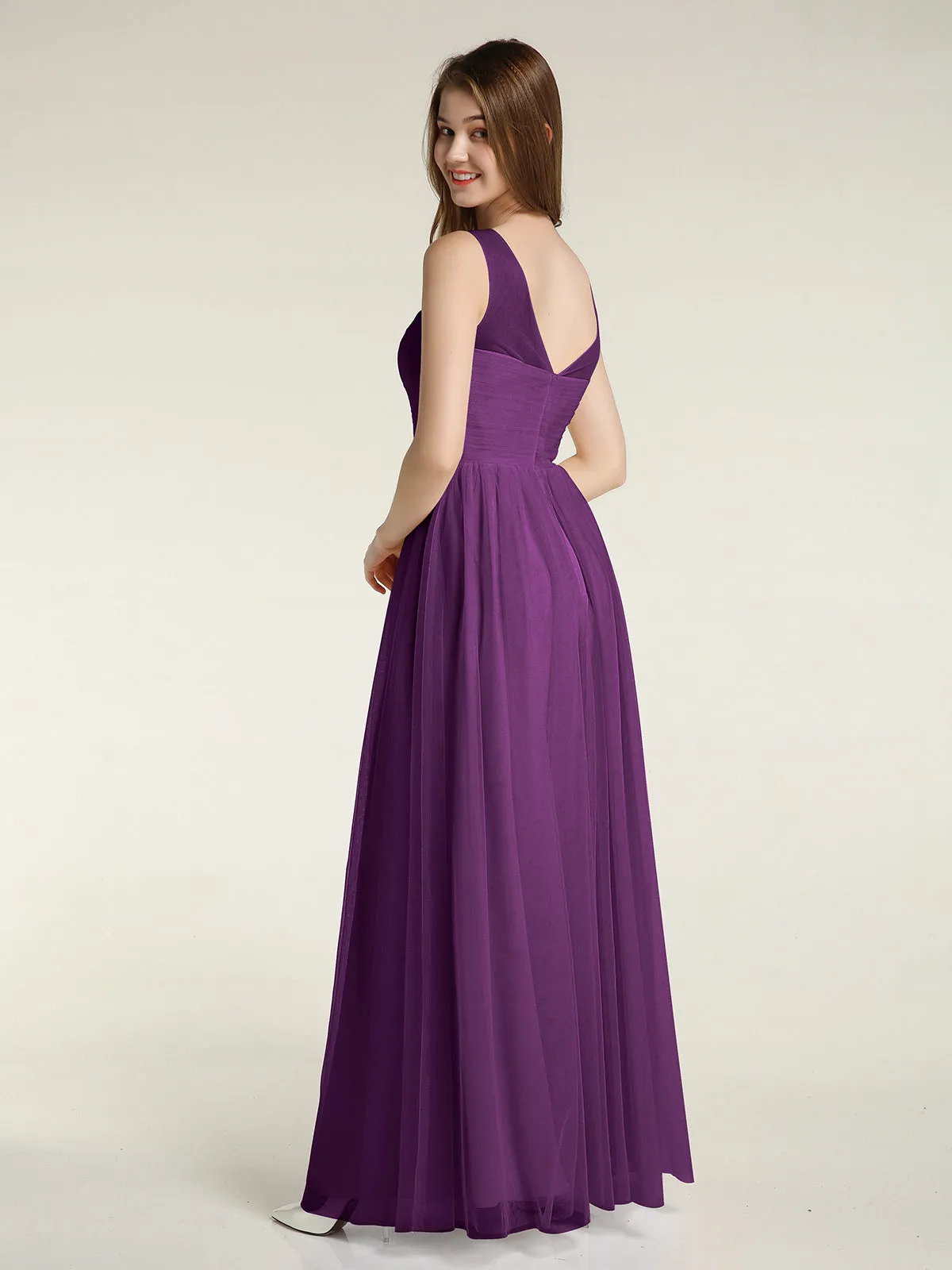 Illusion Neck Cross Tulle Bridesmaid Dresses-Grape Plus Size
