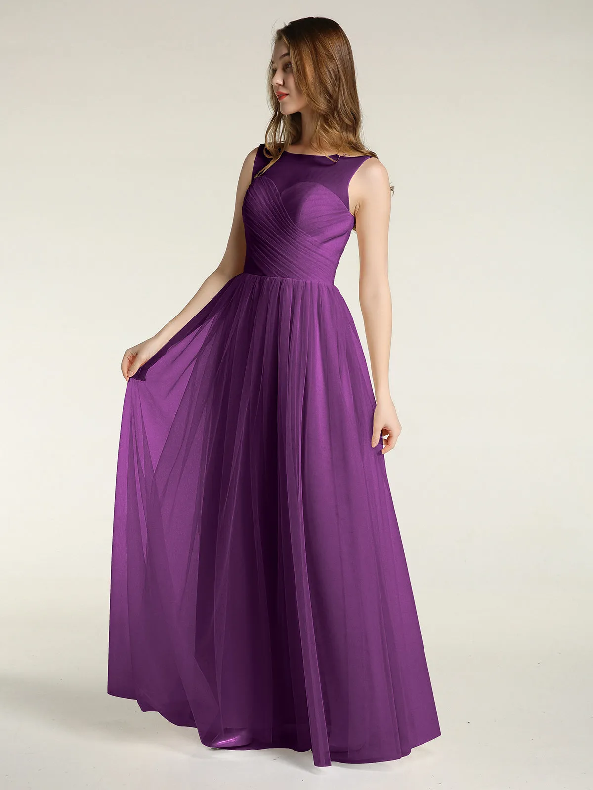 Illusion Neck Cross Tulle Bridesmaid Dresses-Grape Plus Size