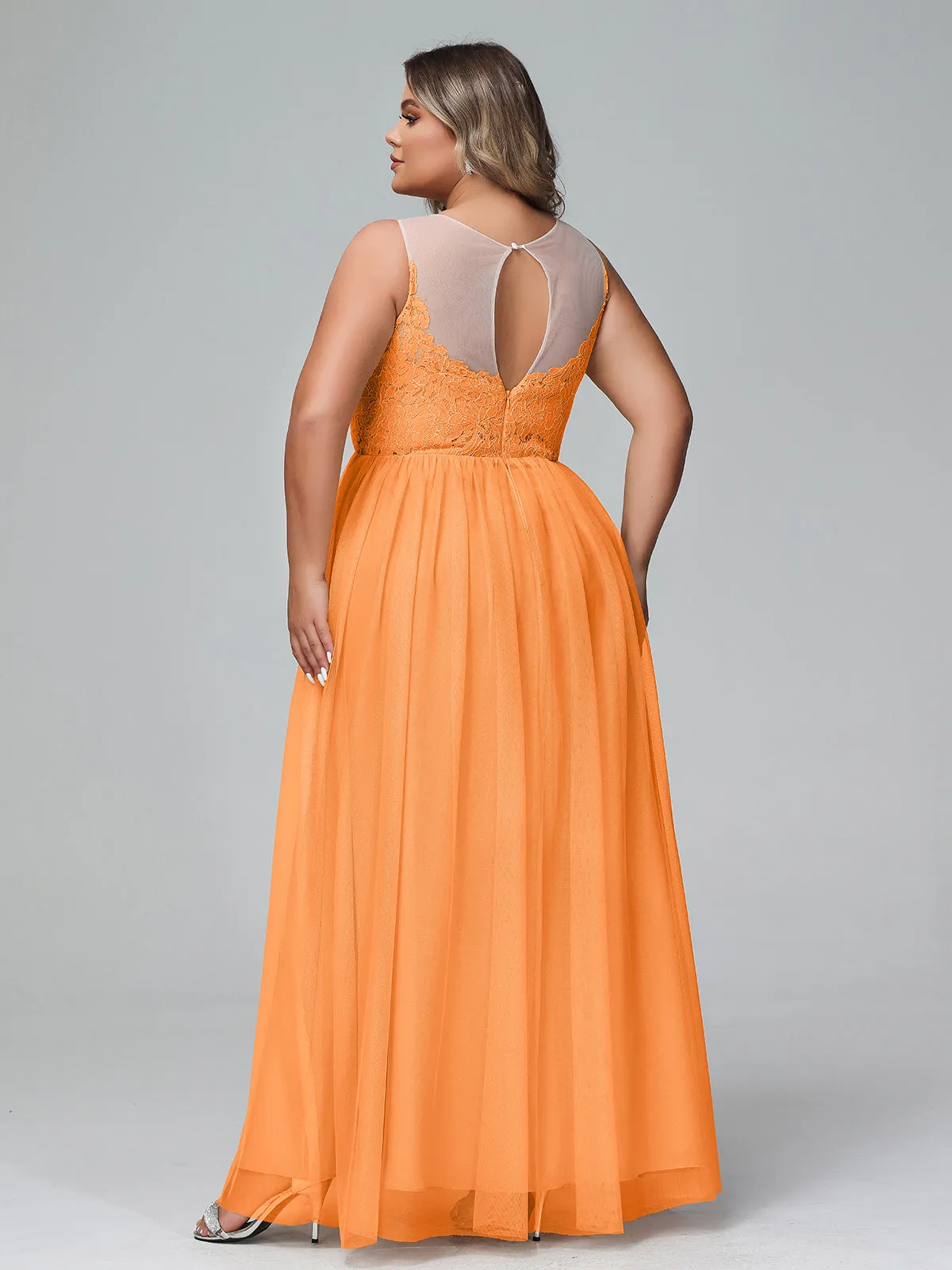 Illusion Neckline Lace and Tulle Maxi Dress-Orange Plus Size