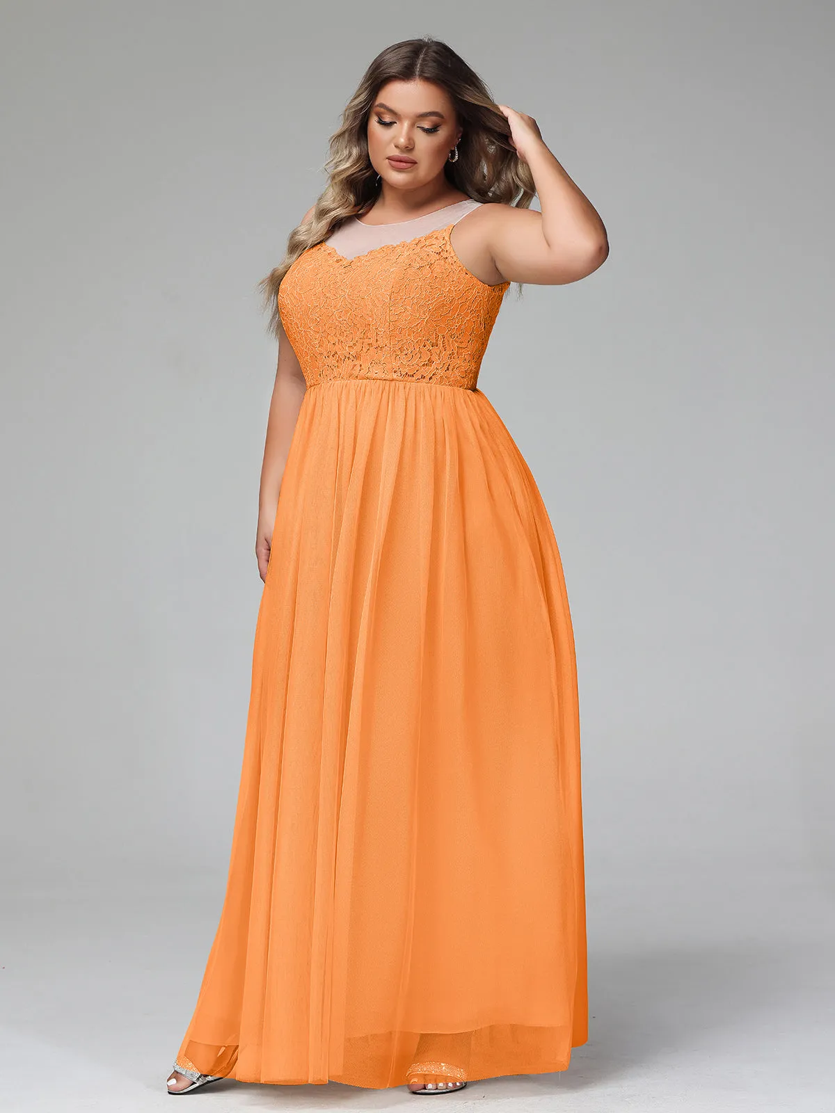 Illusion Neckline Lace and Tulle Maxi Dress-Orange Plus Size