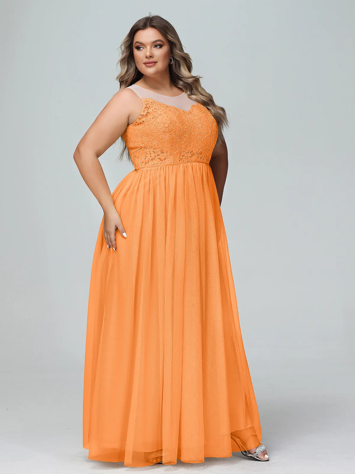 Illusion Neckline Lace and Tulle Maxi Dress-Orange Plus Size