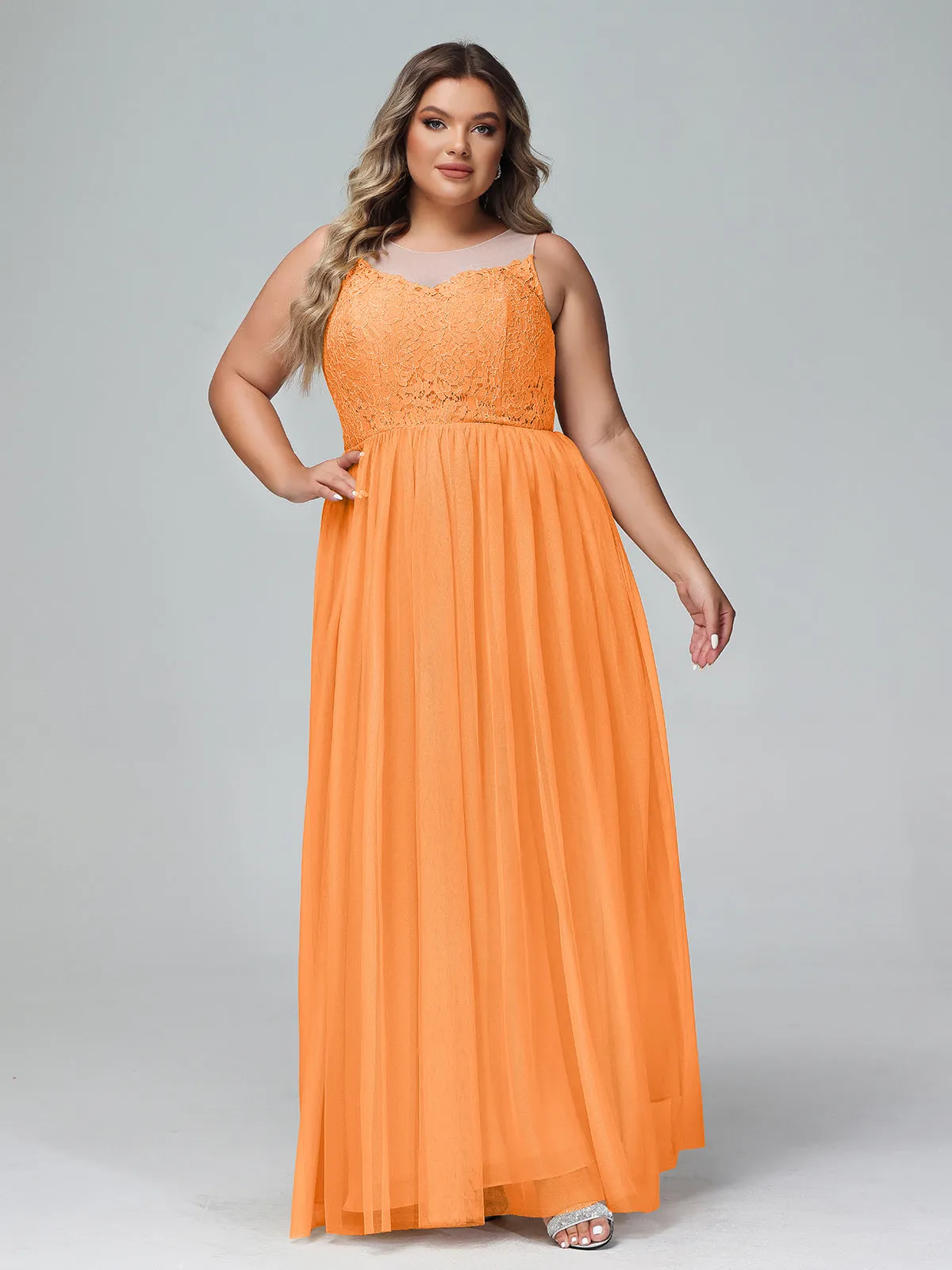 Illusion Neckline Lace and Tulle Maxi Dress-Orange Plus Size