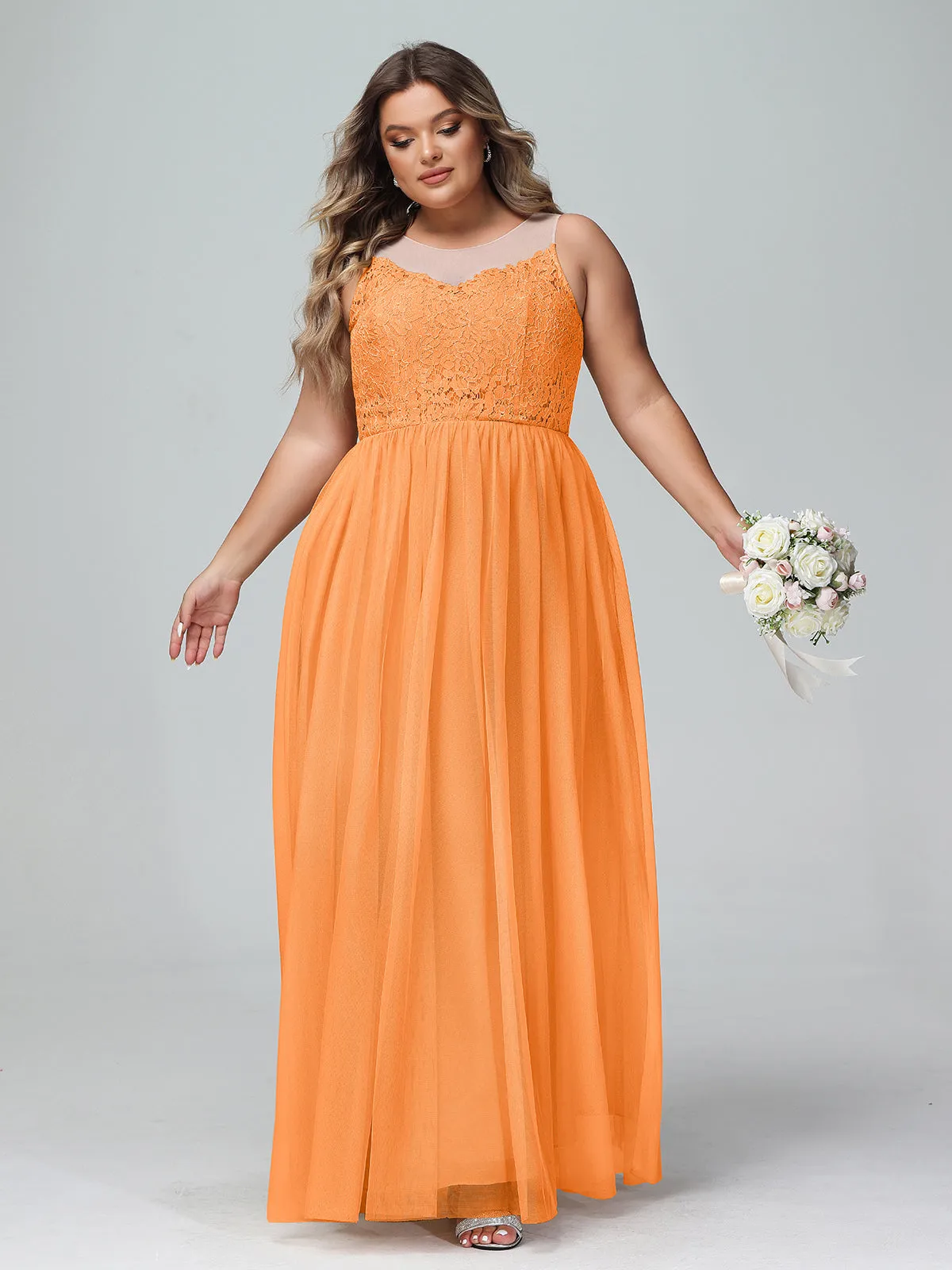 Illusion Neckline Lace and Tulle Maxi Dress-Orange Plus Size