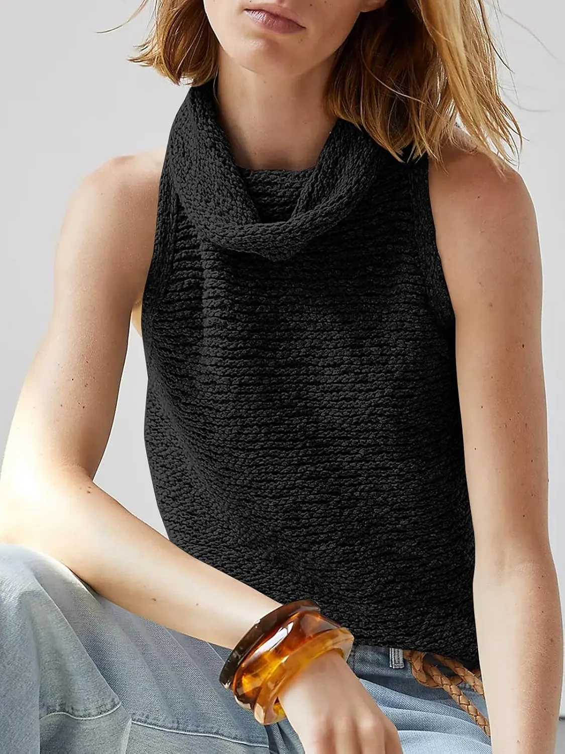 Imily Bela Womens Turtleneck Sweater Vest Sleeveless Loose Pullover Sweaters Knit Fashion Tank Tops