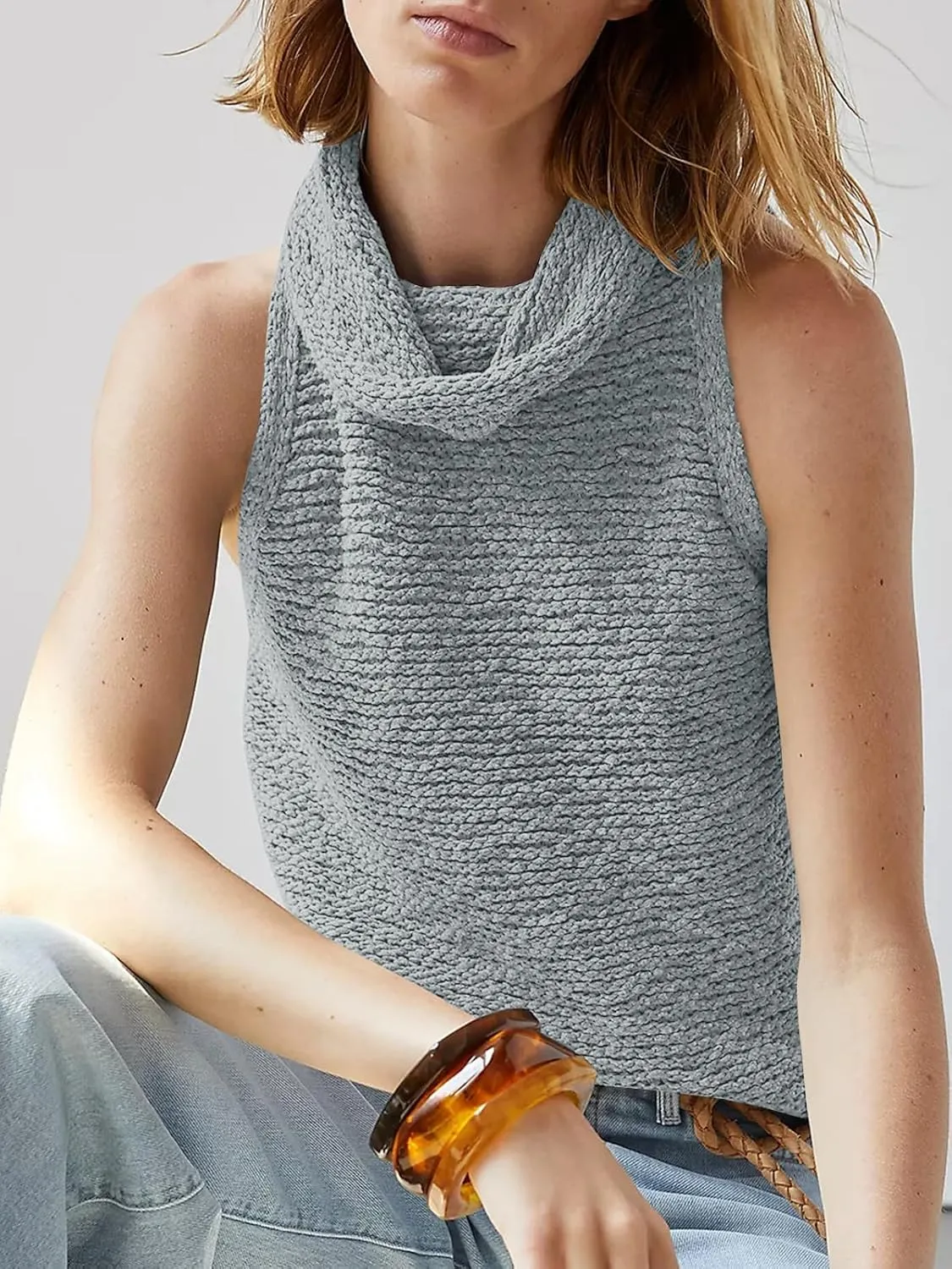 Imily Bela Womens Turtleneck Sweater Vest Sleeveless Loose Pullover Sweaters Knit Fashion Tank Tops