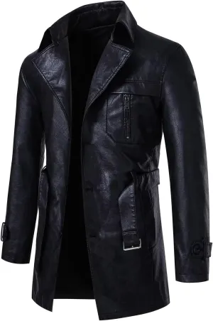 INVACHI Men's Faux Leather Trench Coat Mid-Length PU Motorcycle Jacket with Belt Waterproof Windbreaker