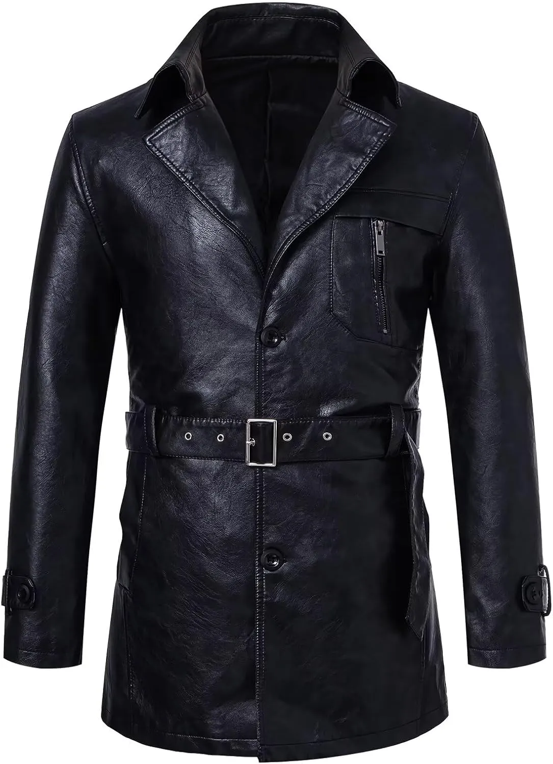 INVACHI Men's Faux Leather Trench Coat Mid-Length PU Motorcycle Jacket with Belt Waterproof Windbreaker