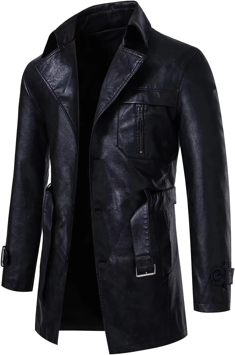 INVACHI Men's Faux Leather Trench Coat Mid-Length PU Motorcycle Jacket with Belt Waterproof Windbreaker