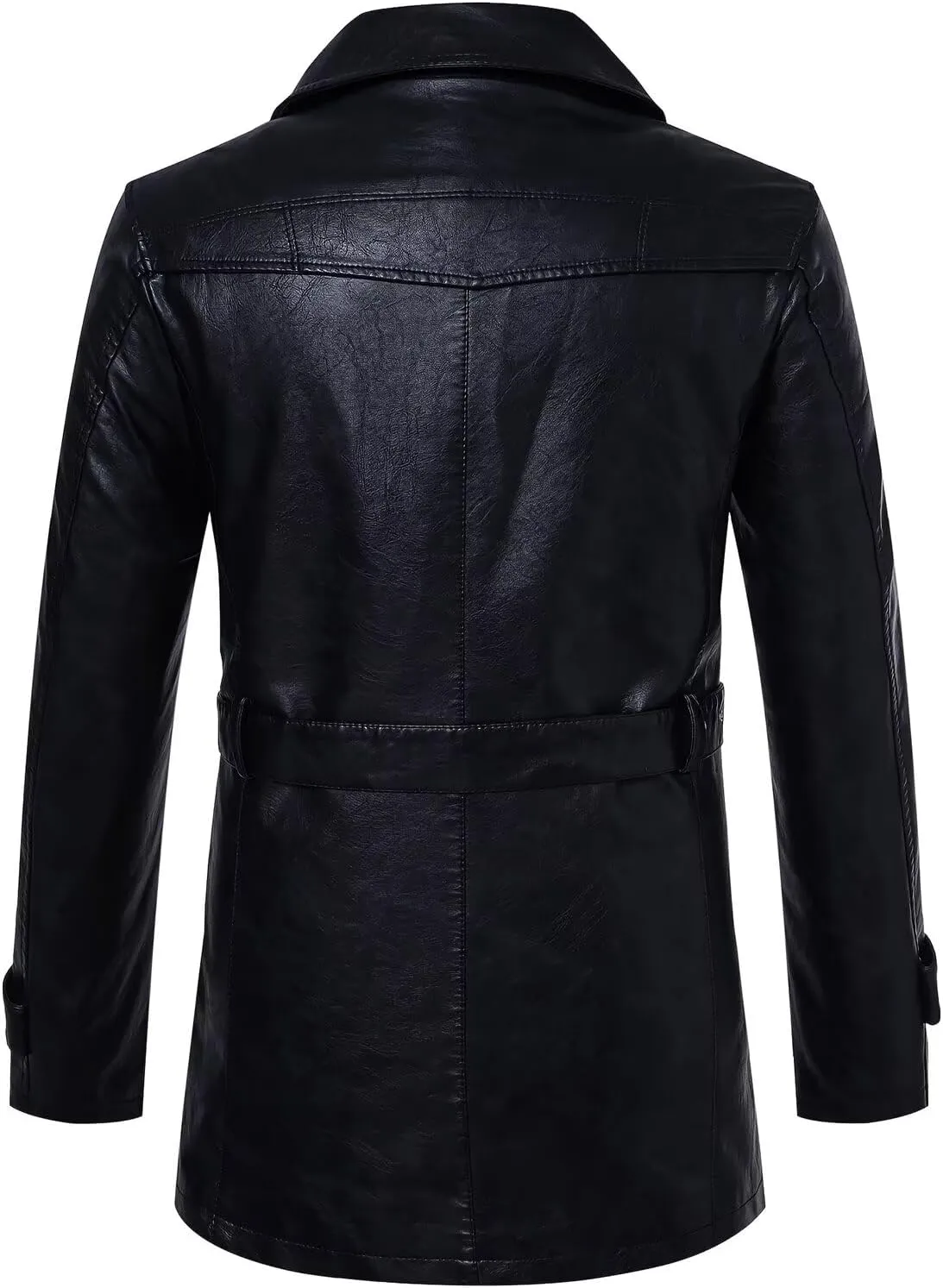 INVACHI Men's Faux Leather Trench Coat Mid-Length PU Motorcycle Jacket with Belt Waterproof Windbreaker