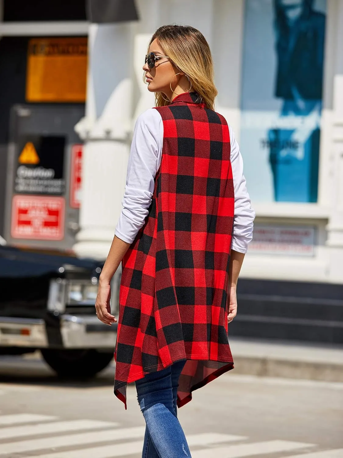 Ivay Womens Plaid Open Front Sweaters Sleeveless Duster Cardigans Drape Lightweight Vest Coat with Pockets