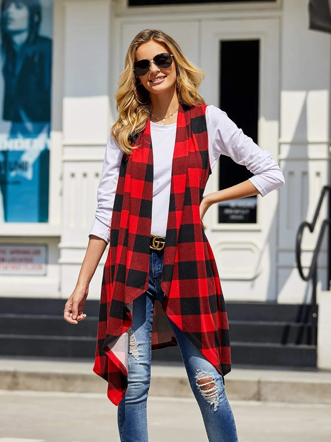 Ivay Womens Plaid Open Front Sweaters Sleeveless Duster Cardigans Drape Lightweight Vest Coat with Pockets