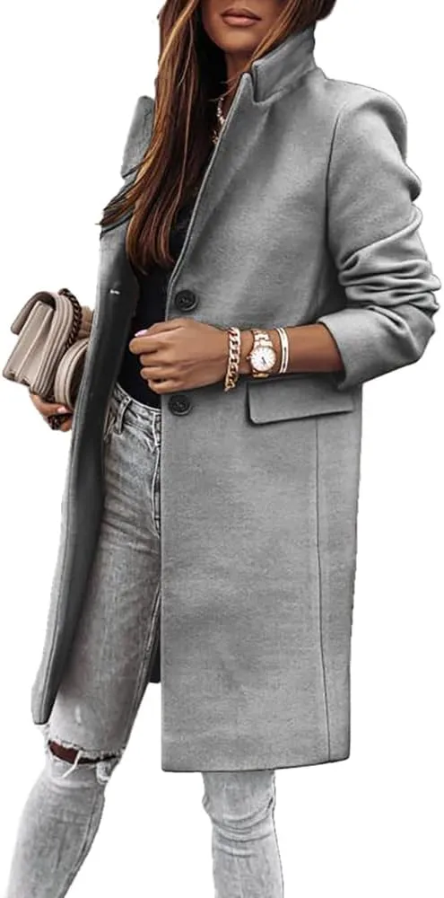 Janepam Women Duffle Coat Windbreaker Solid Color Thigh-Long Jacket Mock Pocket Loose Button Notch Lapel Trench Outerwear