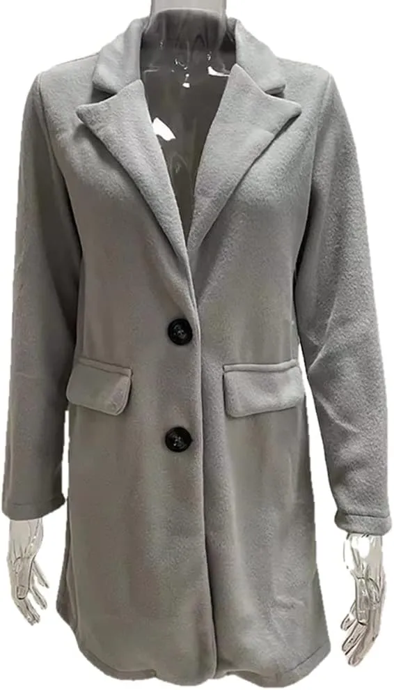 Janepam Women Duffle Coat Windbreaker Solid Color Thigh-Long Jacket Mock Pocket Loose Button Notch Lapel Trench Outerwear