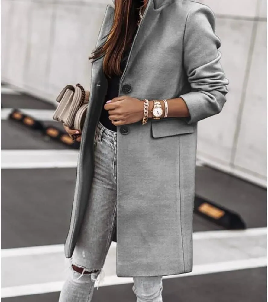 Janepam Women Duffle Coat Windbreaker Solid Color Thigh-Long Jacket Mock Pocket Loose Button Notch Lapel Trench Outerwear