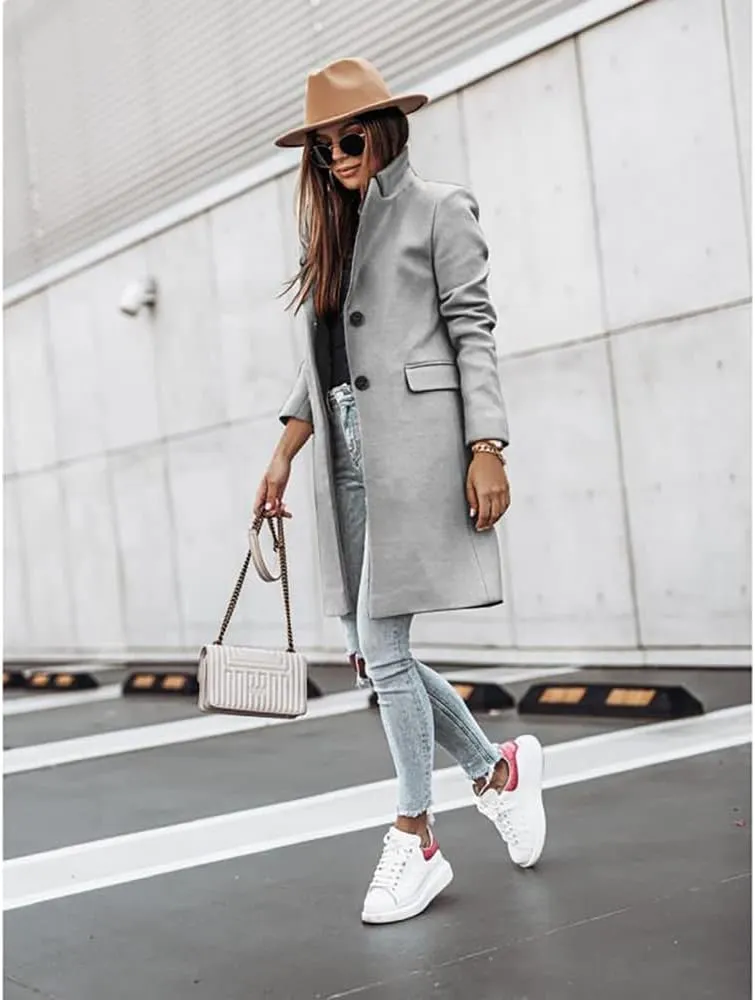 Janepam Women Duffle Coat Windbreaker Solid Color Thigh-Long Jacket Mock Pocket Loose Button Notch Lapel Trench Outerwear