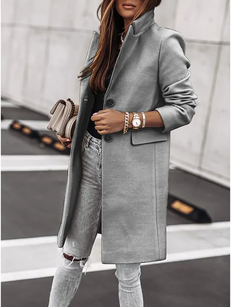 Janepam Women Duffle Coat Windbreaker Solid Color Thigh-Long Jacket Mock Pocket Loose Button Notch Lapel Trench Outerwear