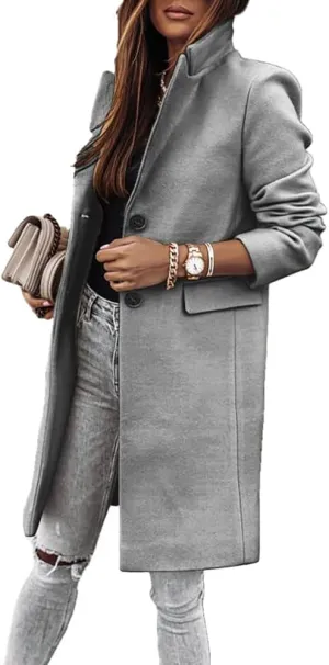 Janepam Women Duffle Coat Windbreaker Solid Color Thigh-Long Jacket Mock Pocket Loose Button Notch Lapel Trench Outerwear