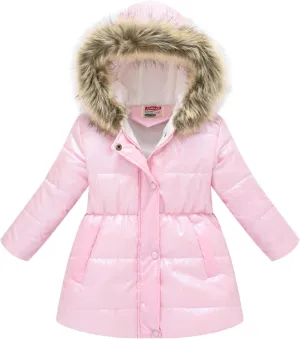 JEATHA Girl's Shiny Jakcet Faux Fur Hooded Cotton-Padded Long Sleeve Warmth Winter Coat Outerwear
