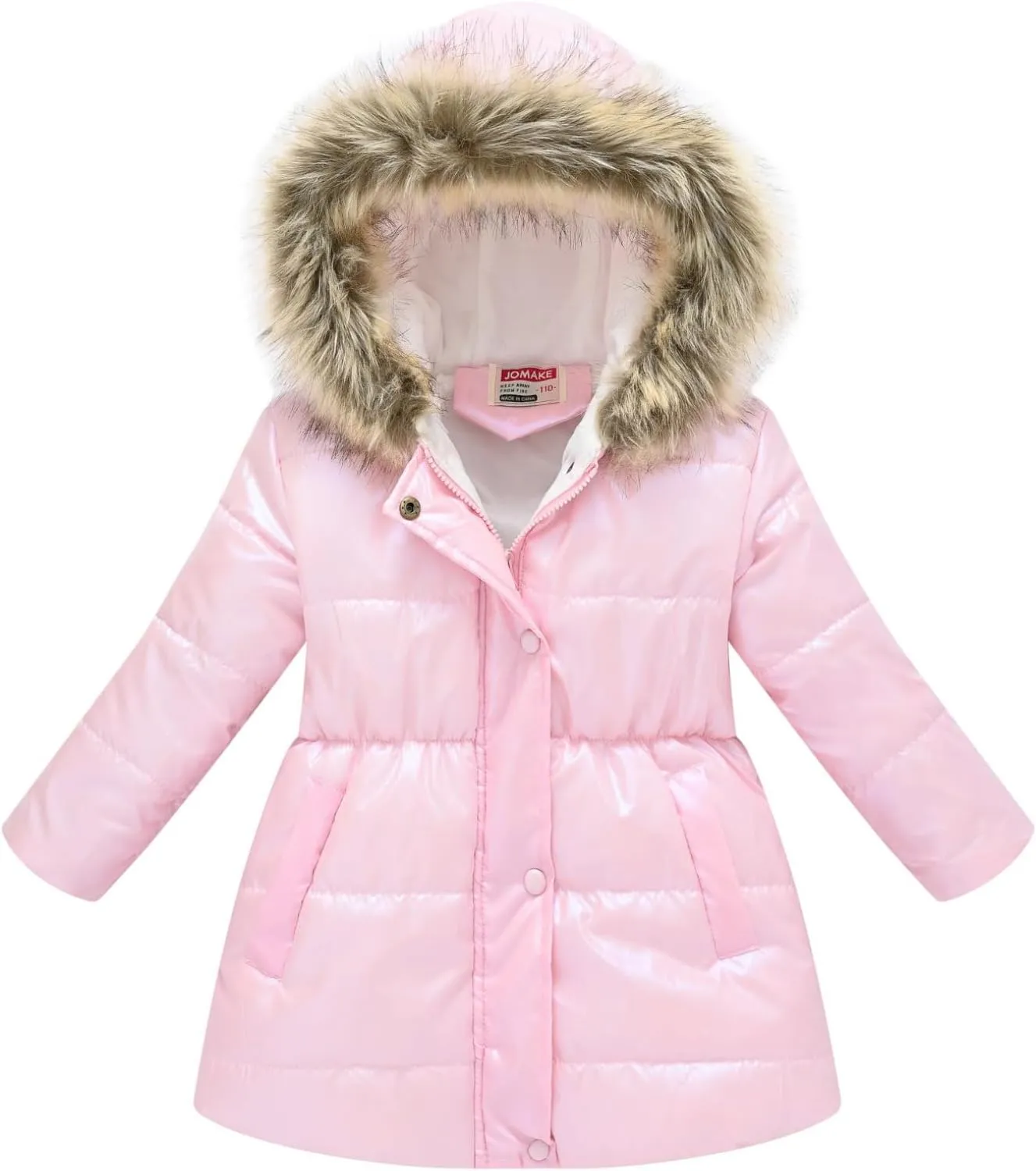 JEATHA Girl's Shiny Jakcet Faux Fur Hooded Cotton-Padded Long Sleeve Warmth Winter Coat Outerwear