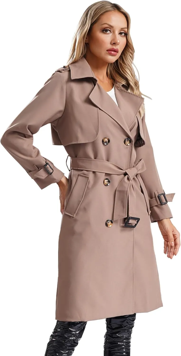 JEATHA Women's Trench Coat Double-Breasted Classic Lapel Overcoat Belted Slim Outerwear Waterproof Coat
