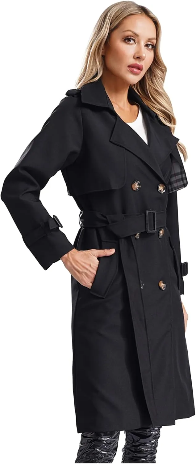 JEATHA Women's Trench Coat Double-Breasted Classic Lapel Overcoat Belted Slim Outerwear Waterproof Coat