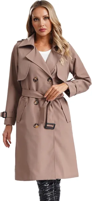 JEATHA Women's Trench Coat Double-Breasted Classic Lapel Overcoat Belted Slim Outerwear Waterproof Coat
