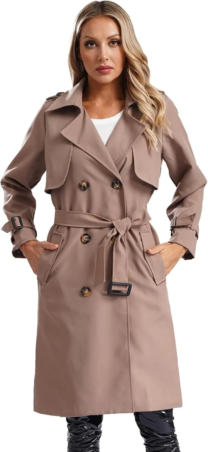 JEATHA Women's Trench Coat Double-Breasted Classic Lapel Overcoat Belted Slim Outerwear Waterproof Coat