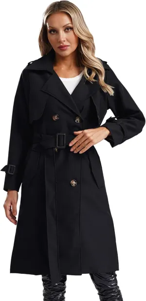 JEATHA Women's Trench Coat Double-Breasted Classic Lapel Overcoat Belted Slim Outerwear Waterproof Coat