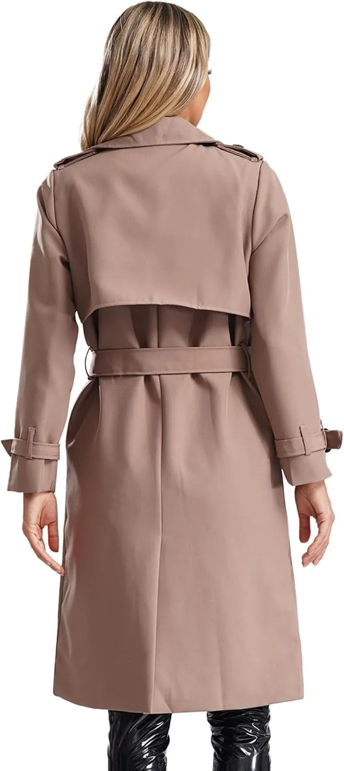 JEATHA Women's Trench Coat Double-Breasted Classic Lapel Overcoat Belted Slim Outerwear Waterproof Coat