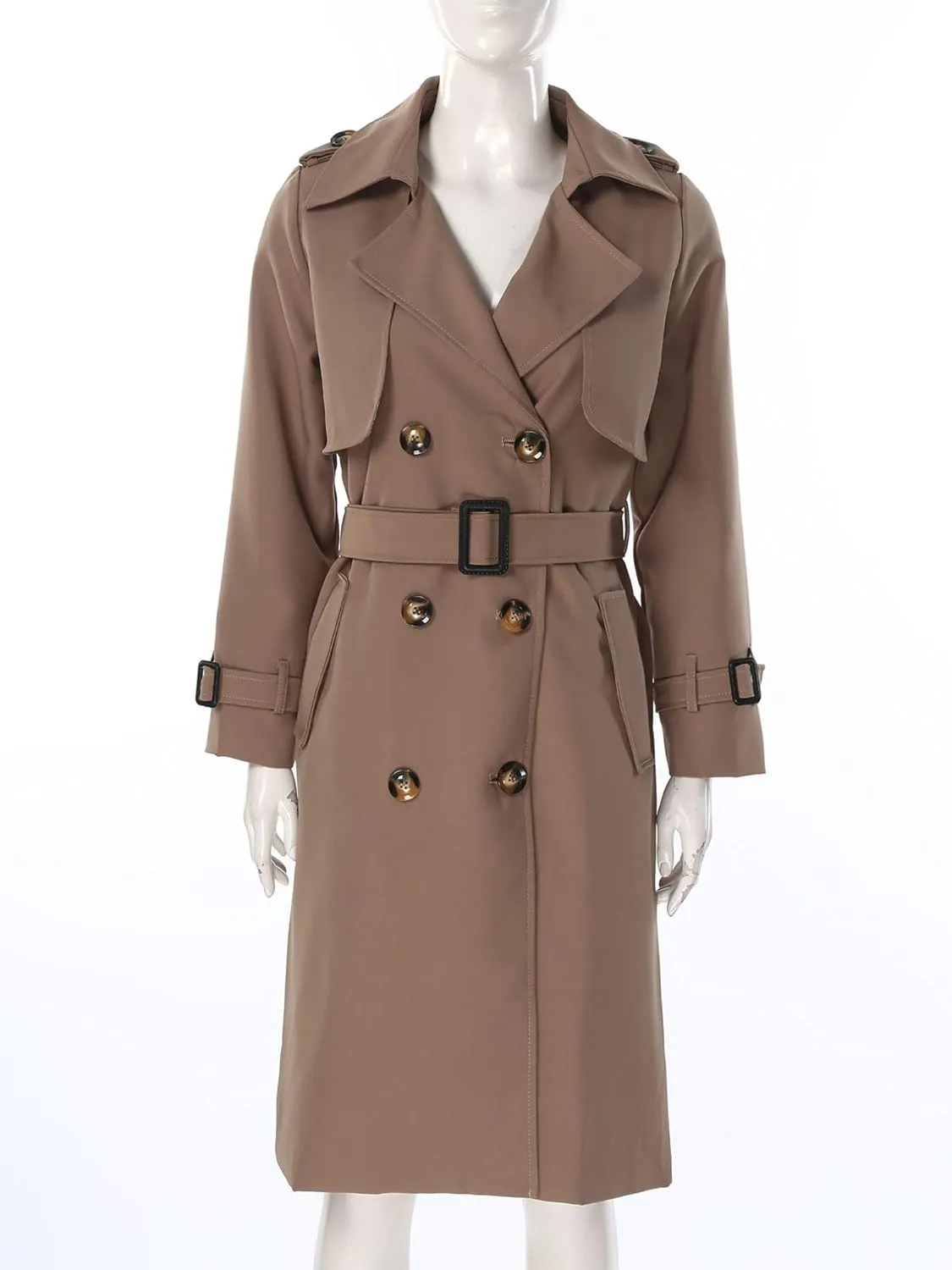 JEATHA Women's Trench Coat Double-Breasted Classic Lapel Overcoat Belted Slim Outerwear Waterproof Coat