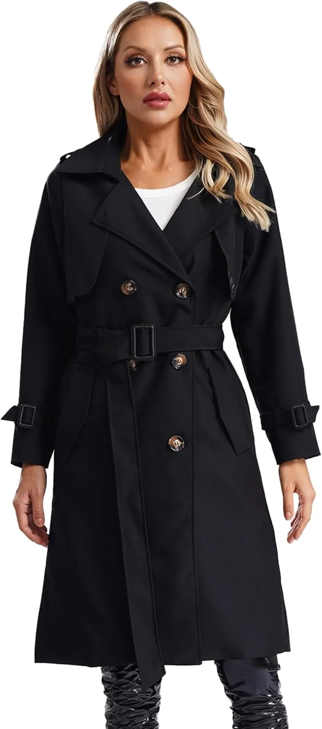 JEATHA Women's Trench Coat Double-Breasted Classic Lapel Overcoat Belted Slim Outerwear Waterproof Coat