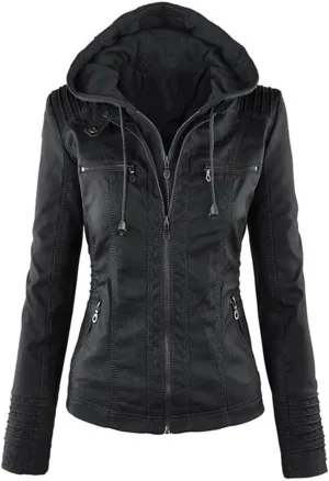 JEsilunmaMY Women's Hooded Leather Jacket Long Sleeve Zip Up Short Biker Coat with Pocket Slim Fit Motorcycle Bomber Outwear