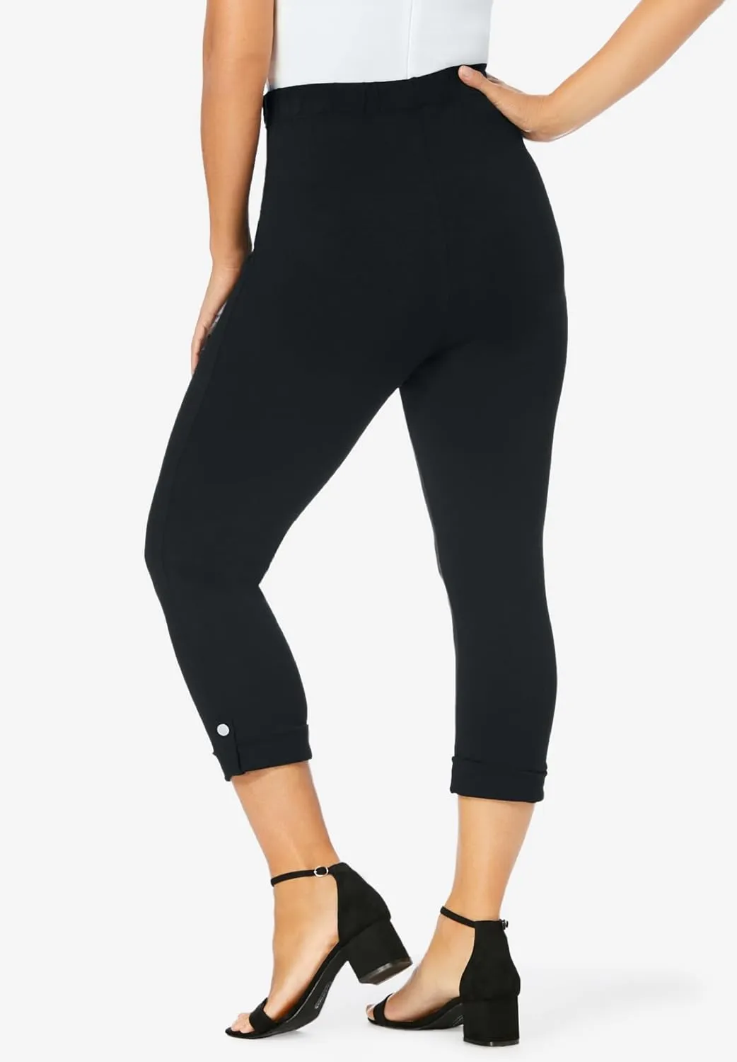 Jessica London Women's Plus Size Stretch Cotton Cuff-Button Capri Legging