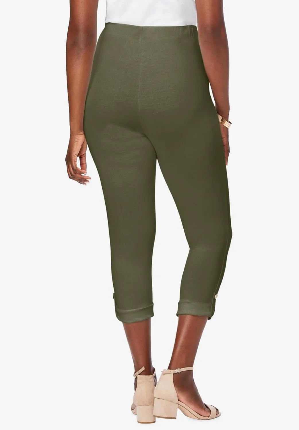 Jessica London Women's Plus Size Stretch Cotton Cuff-Button Capri Legging