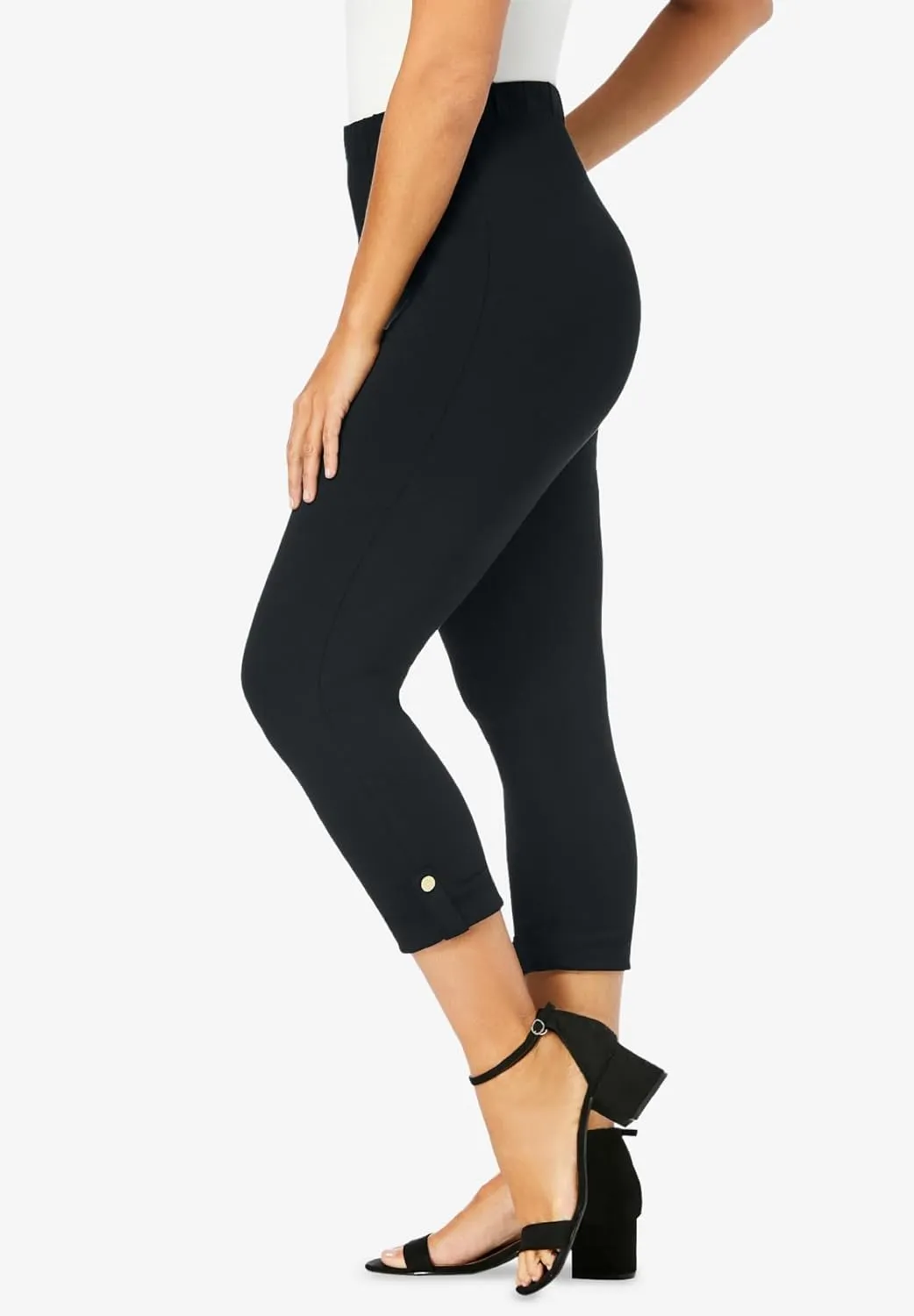 Jessica London Women's Plus Size Stretch Cotton Cuff-Button Capri Legging