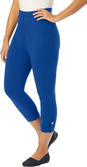 Jessica London Women's Plus Size Stretch Cotton Cuff-Button Capri Legging